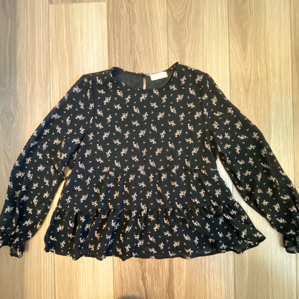 Black Floral Long-Sleeve Peplum Top